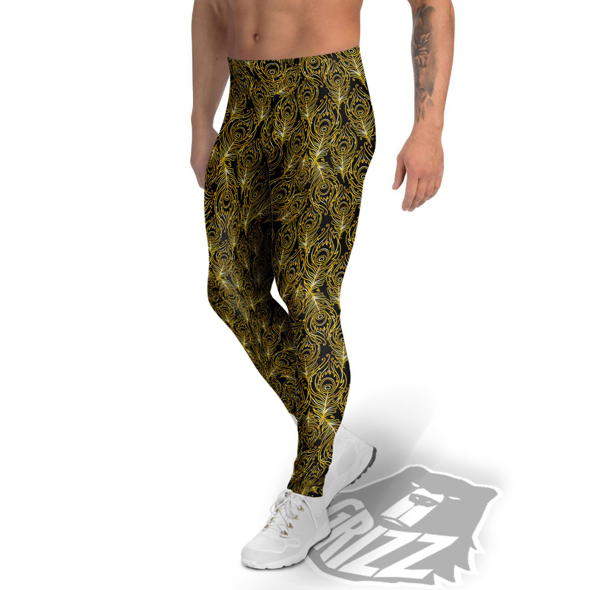 Peacock Feather Gold And Black Print Men's Leggings-grizzshop