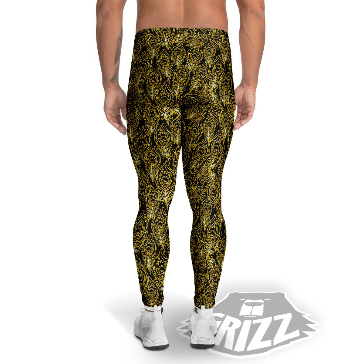 Peacock Feather Gold And Black Print Men's Leggings-grizzshop