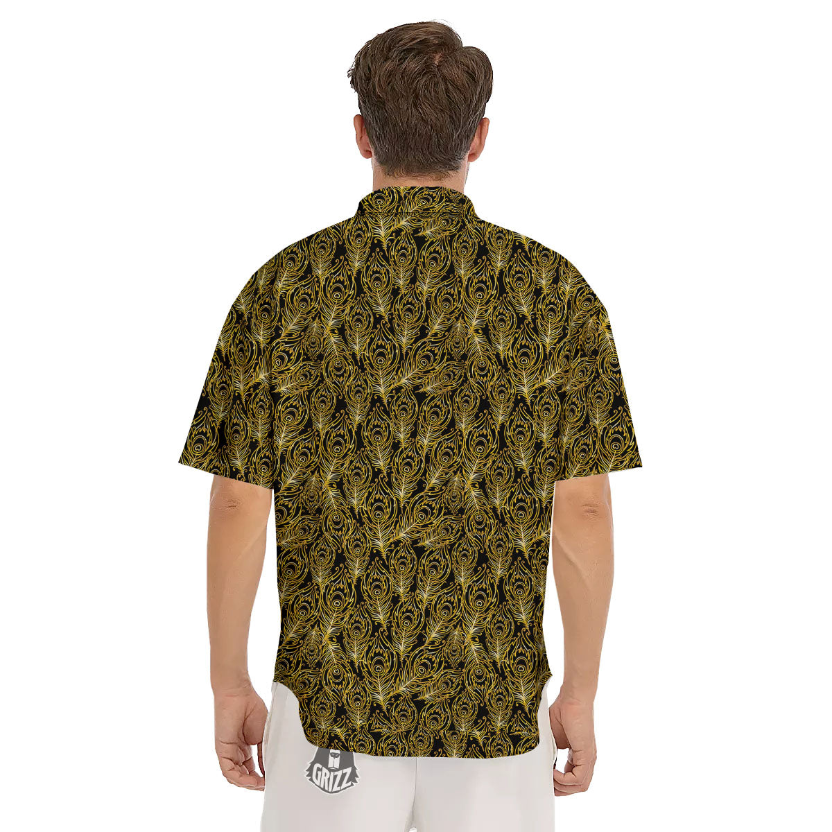 Peacock Feather Gold And Black Print Men's Short Sleeve Shirts-grizzshop