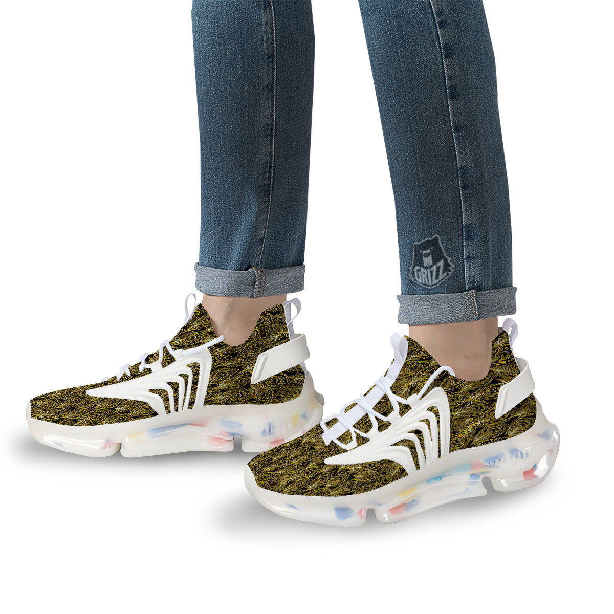 Peacock Feather Gold And Black Print White Gym Shoes-grizzshop