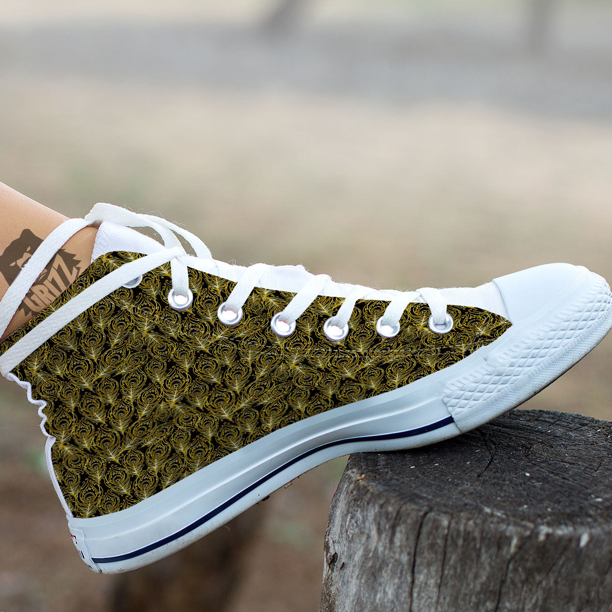 Peacock Feather Gold And Black Print White High Top Shoes-grizzshop