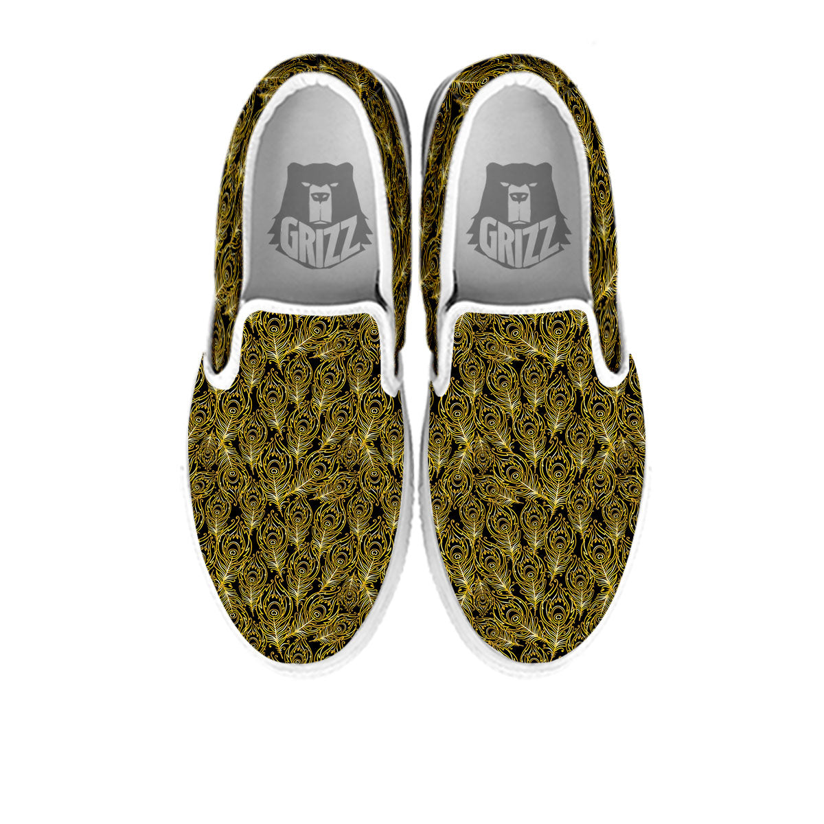 Peacock Feather Gold And Black Print White Slip On Shoes-grizzshop