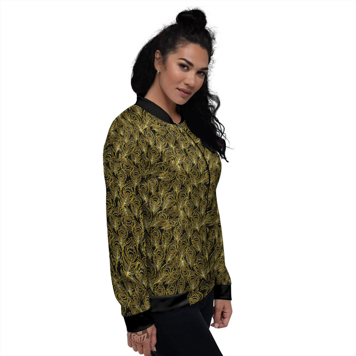 Peacock Feather Gold And Black Print Women's Bomber Jacket-grizzshop