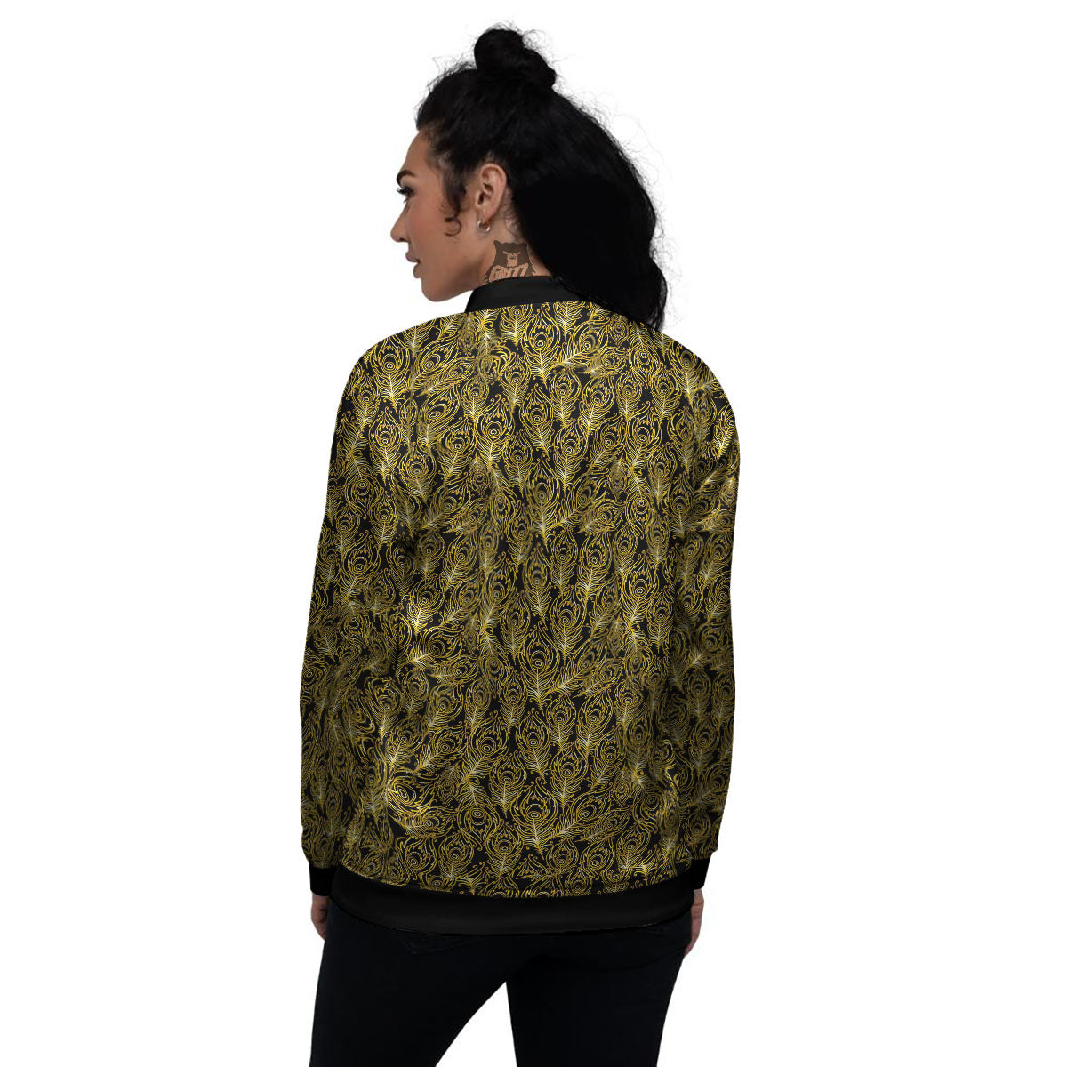 Peacock Feather Gold And Black Print Women's Bomber Jacket-grizzshop