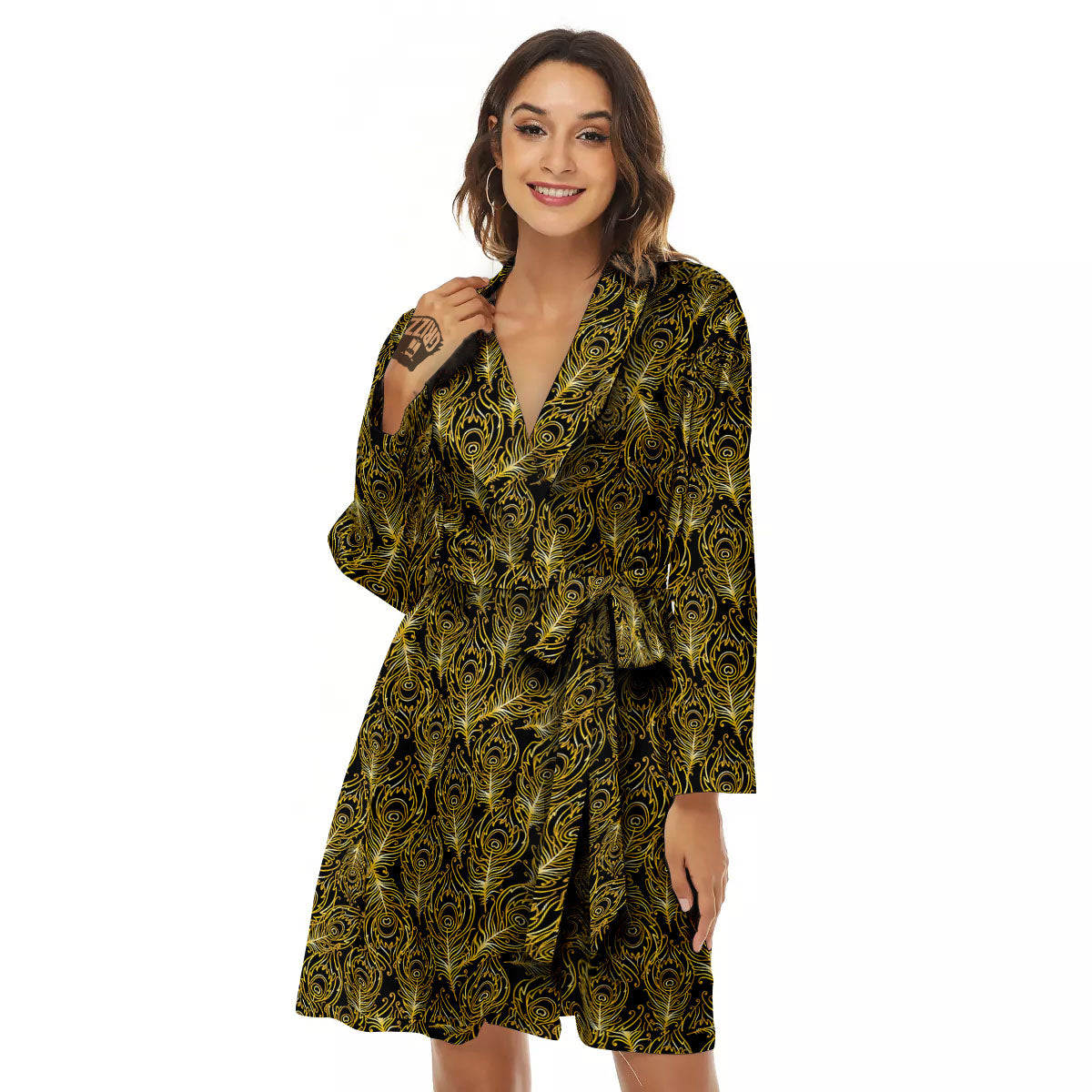Peacock Feather Gold And Black Print Women's Robe-grizzshop
