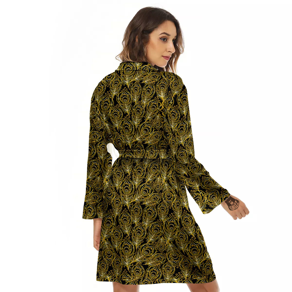 Peacock Feather Gold And Black Print Women's Robe-grizzshop