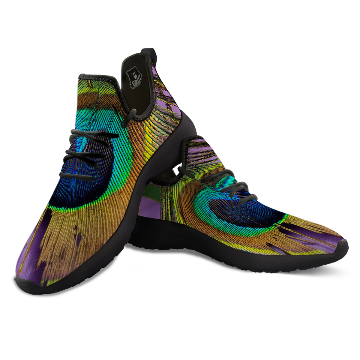 Peacock Feather Purple Bohemian Print Black Athletic Shoes-grizzshop