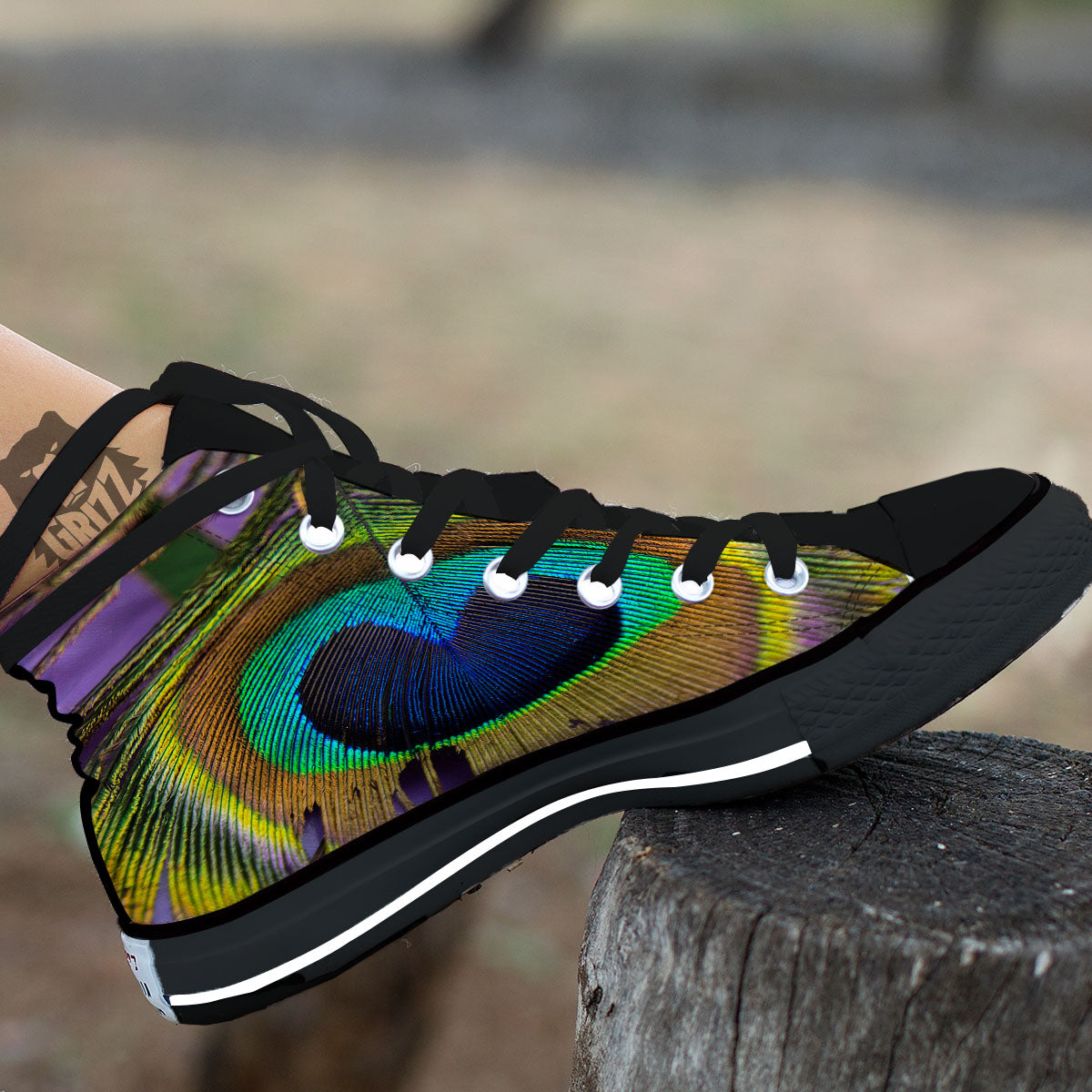 Peacock Feather Purple Bohemian Print Black High Top Shoes-grizzshop