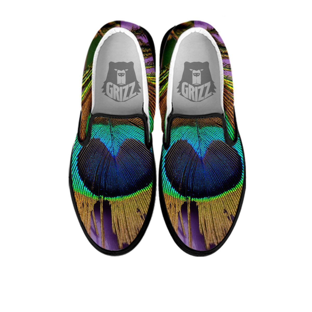 Peacock Feather Purple Bohemian Print Black Slip On Shoes-grizzshop