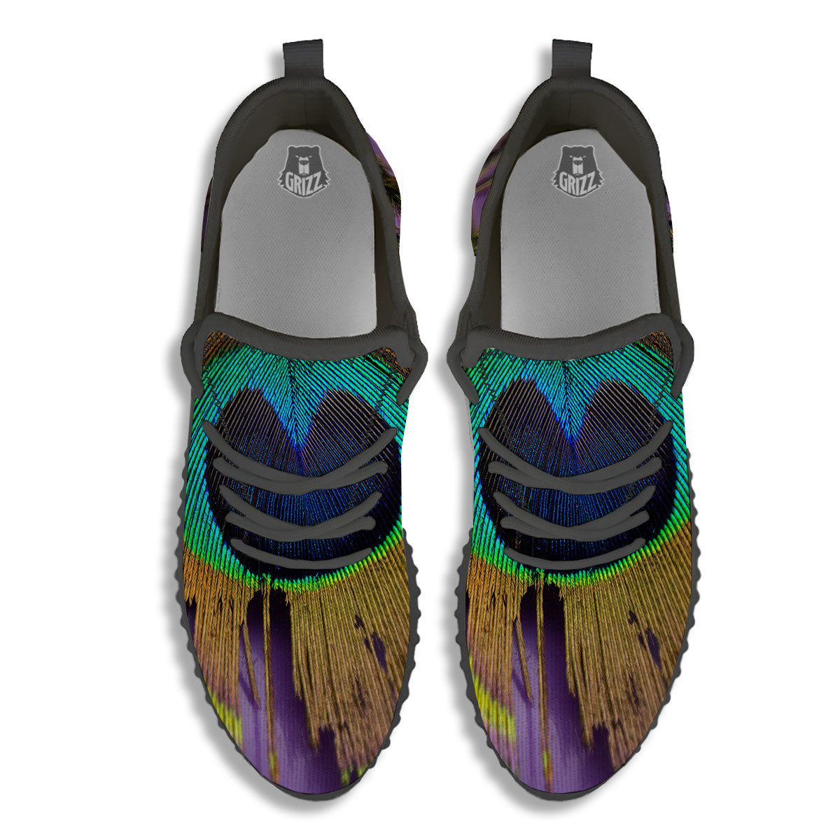 Peacock Feather Purple Bohemian Print Black Walking Shoes-grizzshop