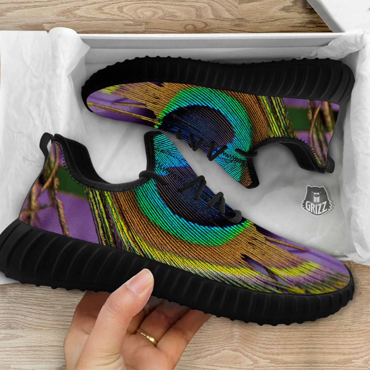 Peacock Feather Purple Bohemian Print Black Walking Shoes-grizzshop