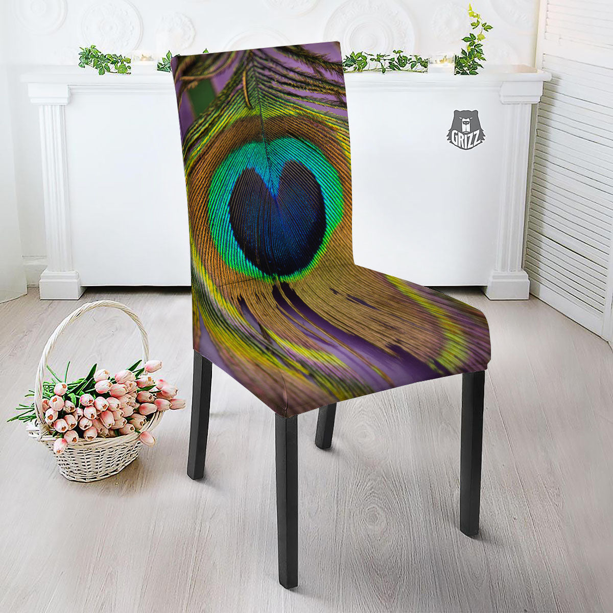 Peacock Feather Purple Bohemian Print Dining Chair Slipcover-grizzshop