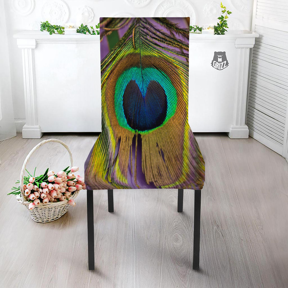 Peacock Feather Purple Bohemian Print Dining Chair Slipcover-grizzshop