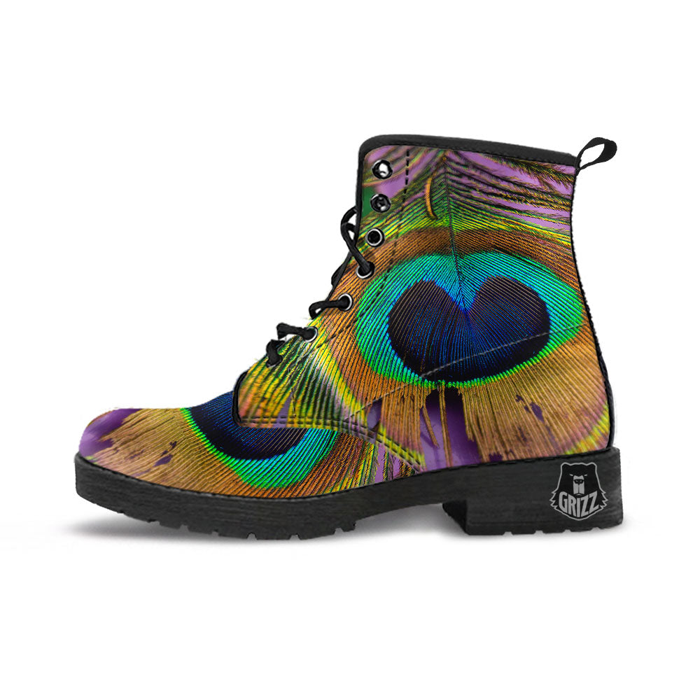 Peacock Feather Purple Bohemian Print Leather Boots-grizzshop