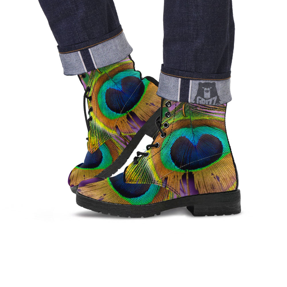 Peacock Feather Purple Bohemian Print Leather Boots-grizzshop
