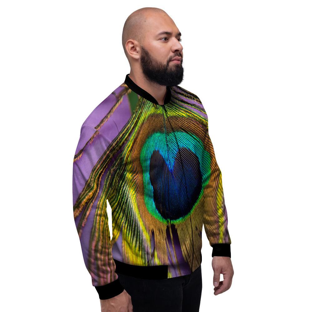 Peacock Feather Purple Bohemian Print Men's Bomber Jacket-grizzshop