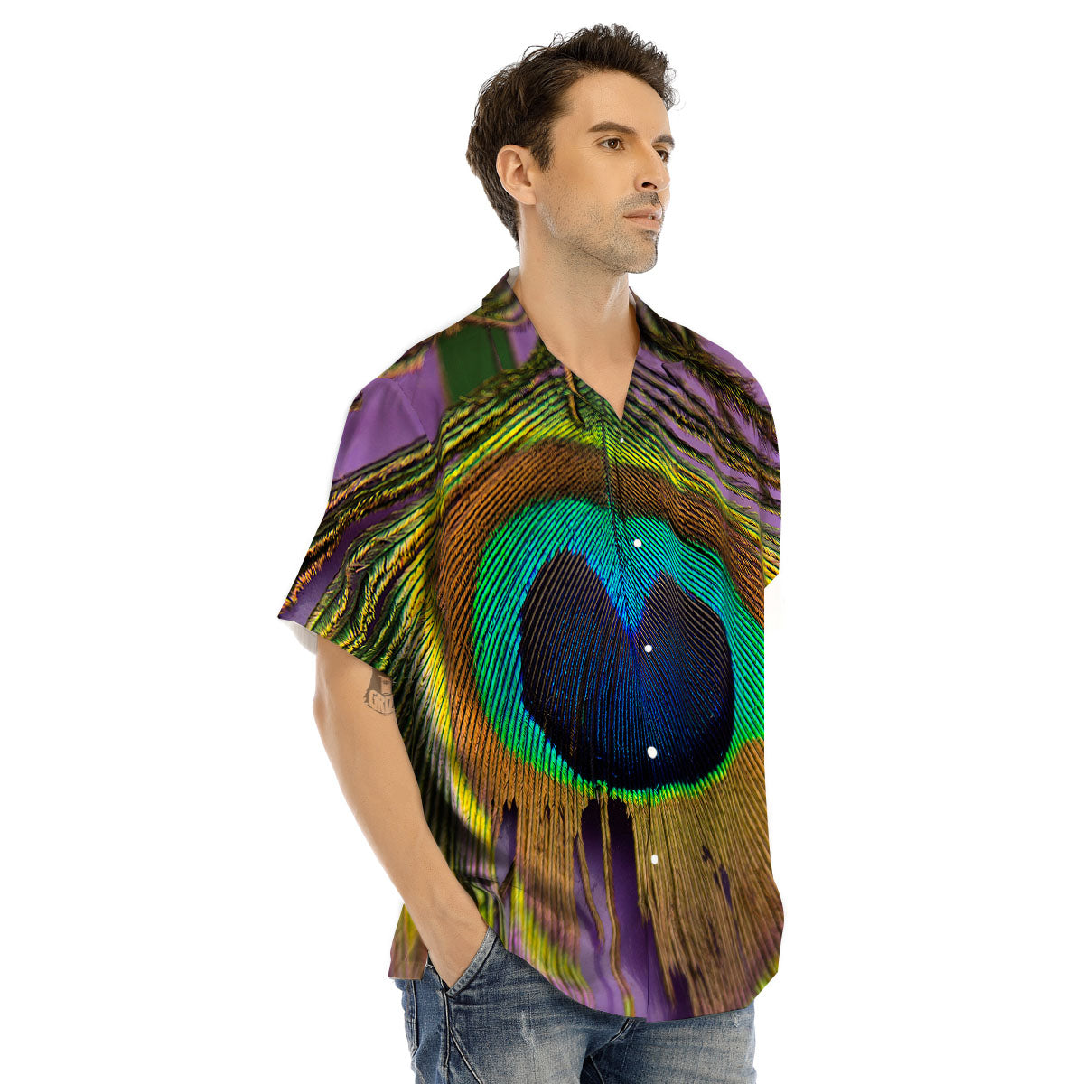 Peacock Feather Purple Bohemian Print Men's Hawaiian Shirt-grizzshop