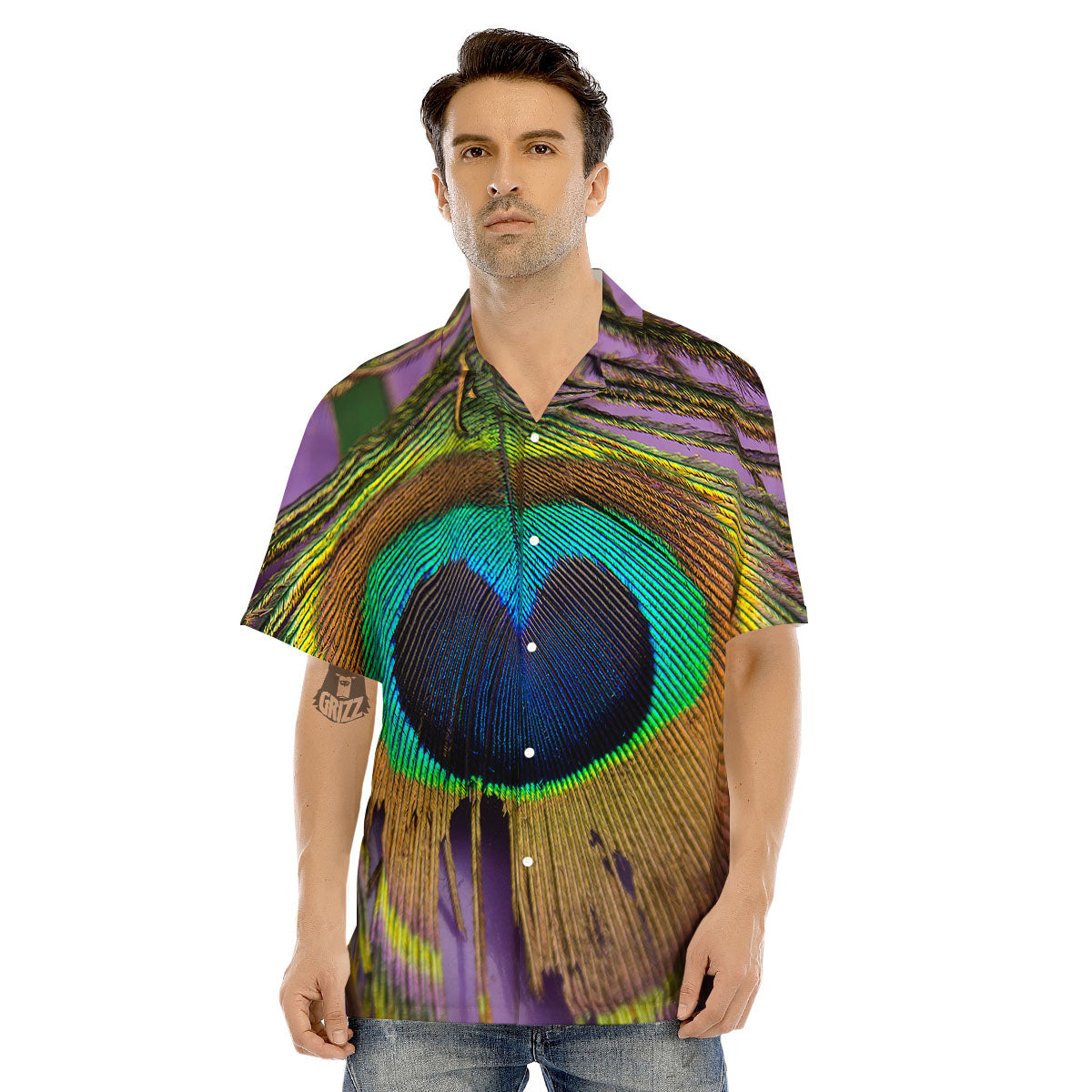 Peacock Feather Purple Bohemian Print Men's Hawaiian Shirt-grizzshop
