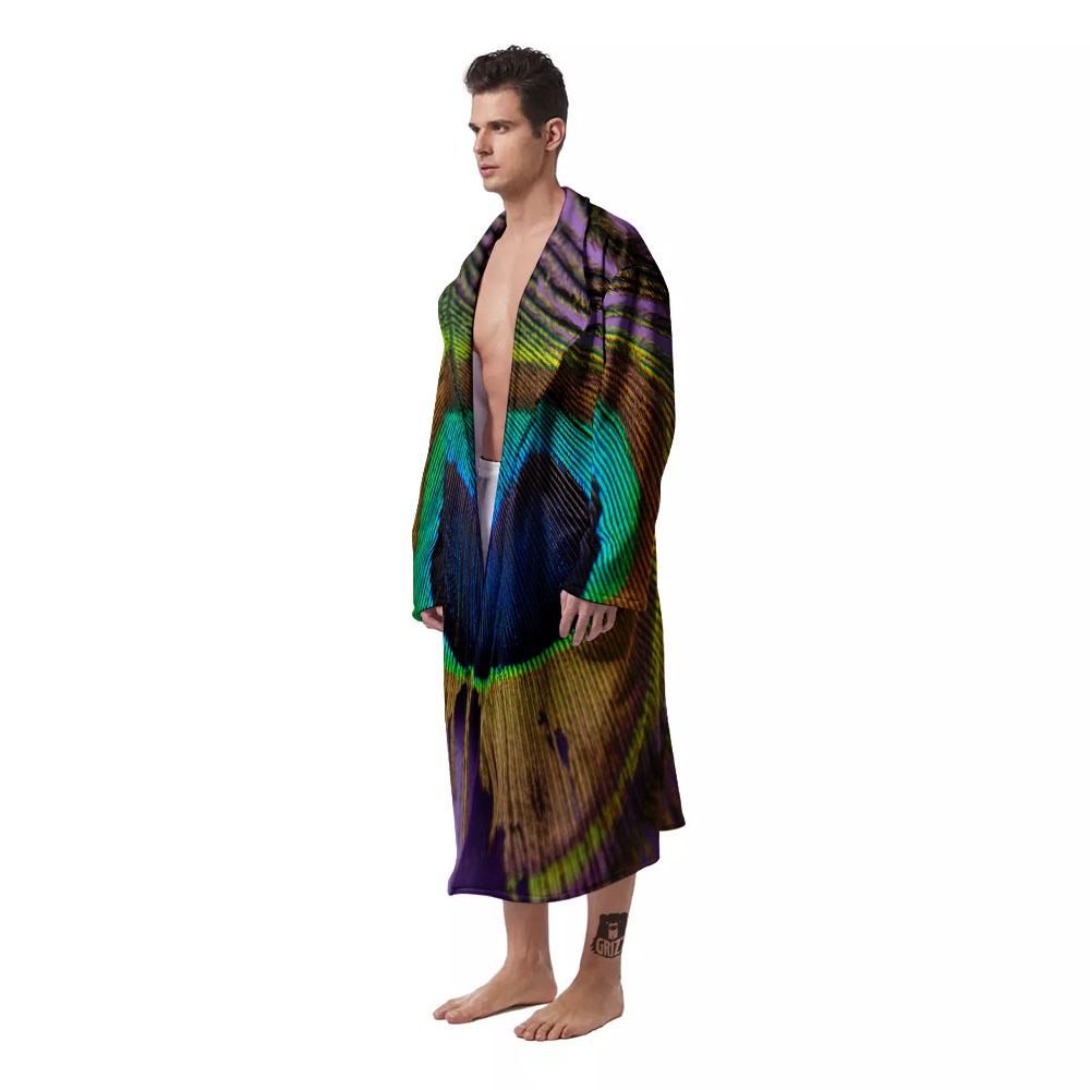 Peacock Feather Purple Bohemian Print Men's Robe-grizzshop