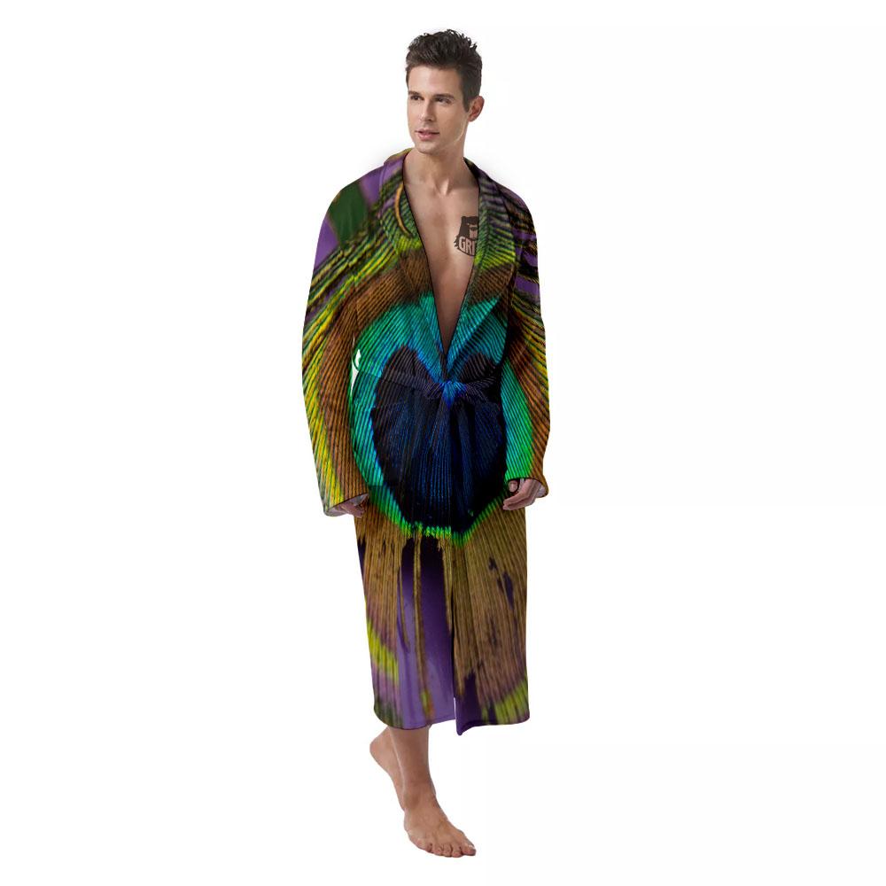 Peacock Feather Purple Bohemian Print Men's Robe-grizzshop