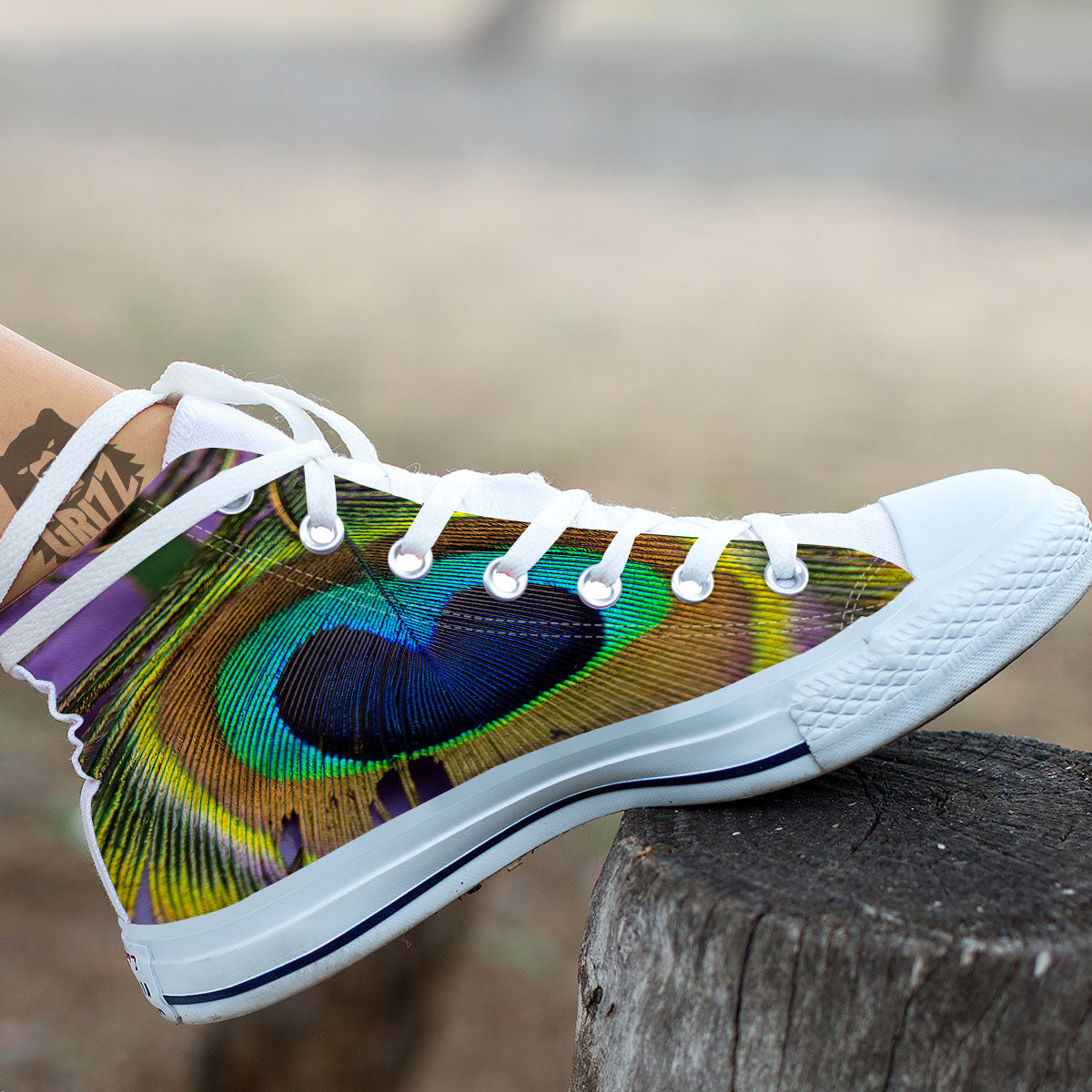 Peacock Feather Purple Bohemian Print White High Top Shoes-grizzshop