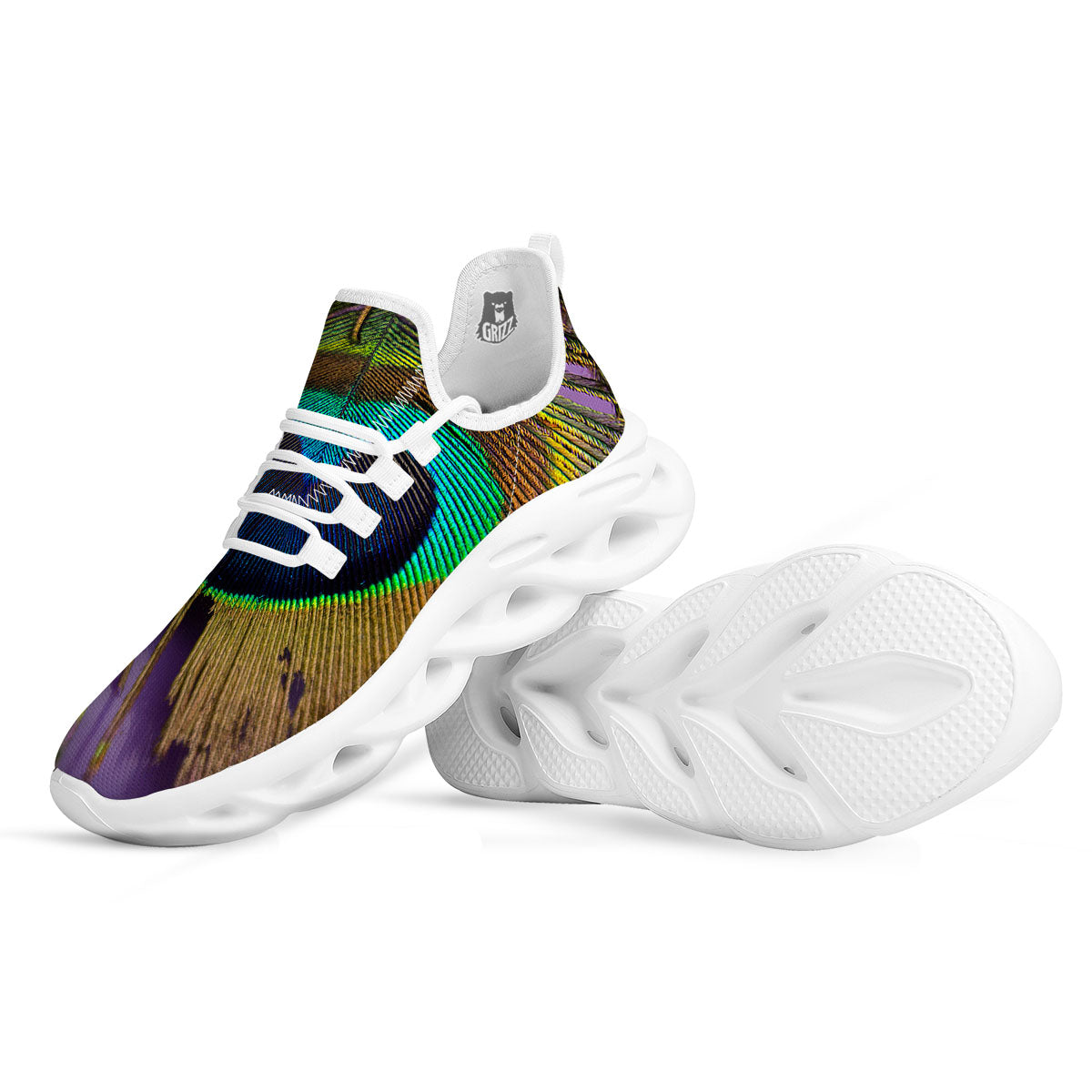 Peacock Feather Purple Bohemian Print White Running Shoes-grizzshop