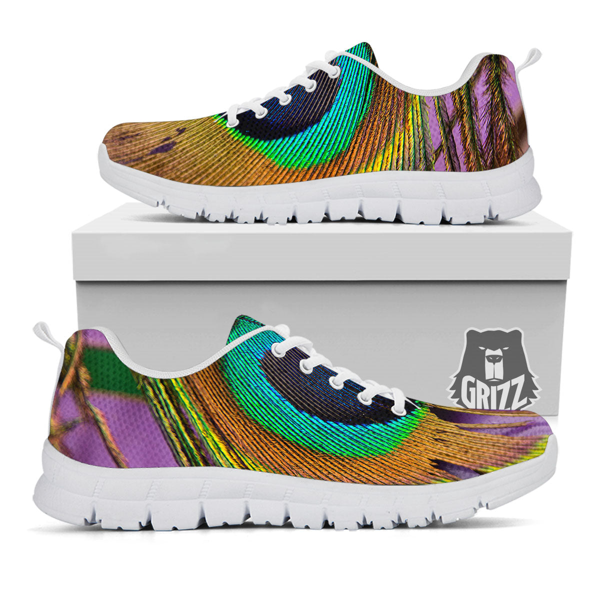 Peacock Feather Purple Bohemian Print White Sneaker-grizzshop