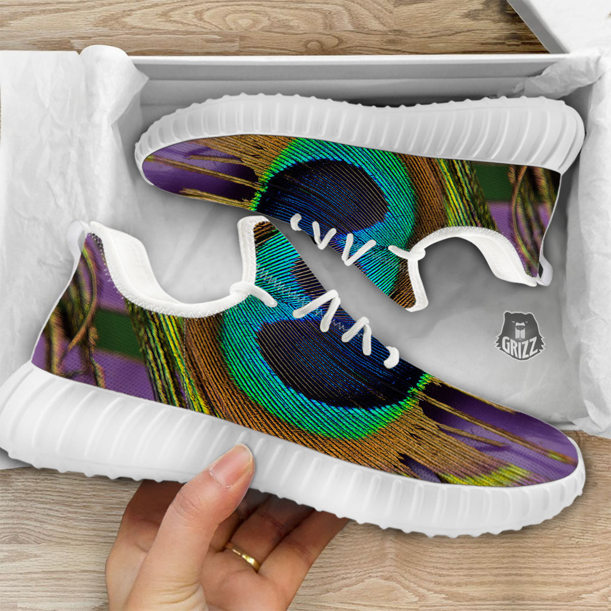 Peacock Feather Purple Bohemian Print White Walking Shoes-grizzshop