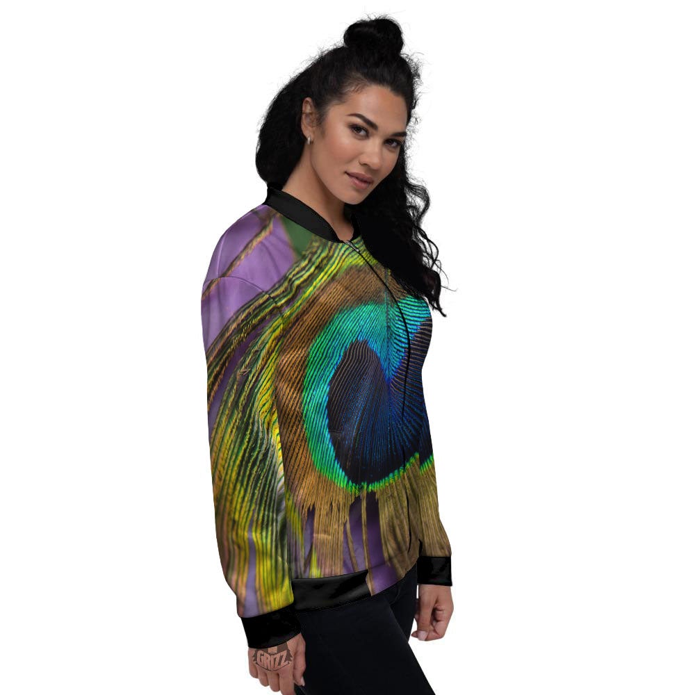 Peacock Feather Purple Bohemian Print Women's Bomber Jacket-grizzshop
