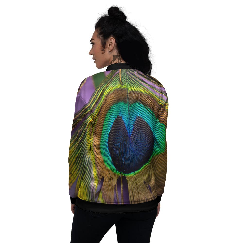 Peacock Feather Purple Bohemian Print Women's Bomber Jacket-grizzshop