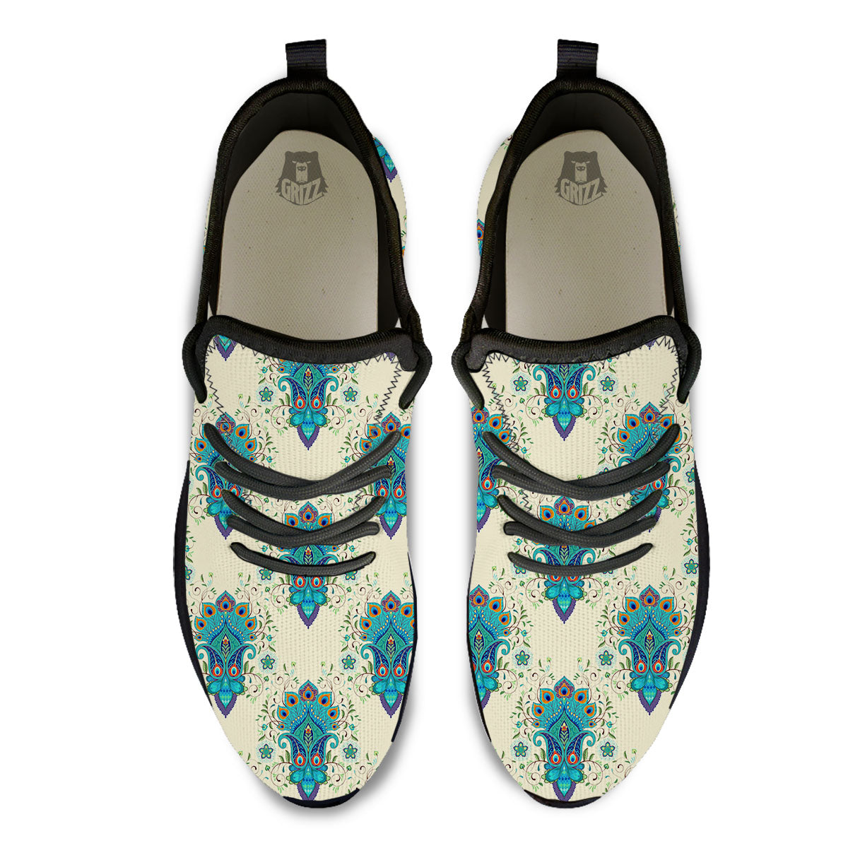 Peacock Feather Vintage Print Pattern Black Athletic Shoes-grizzshop
