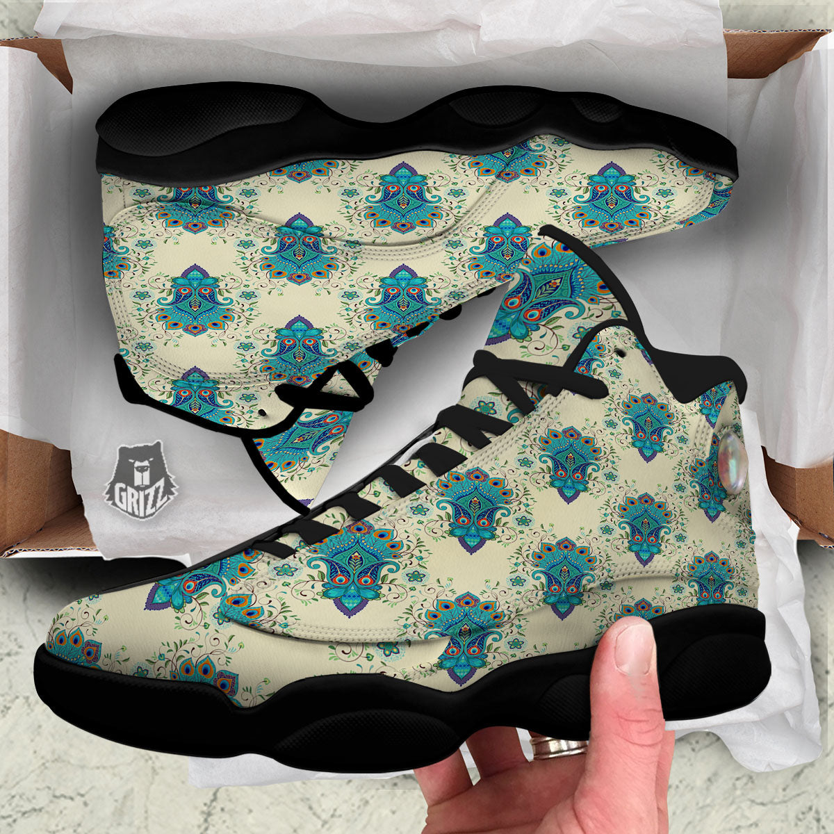 Peacock Feather Vintage Print Pattern Black Basketball Shoes-grizzshop