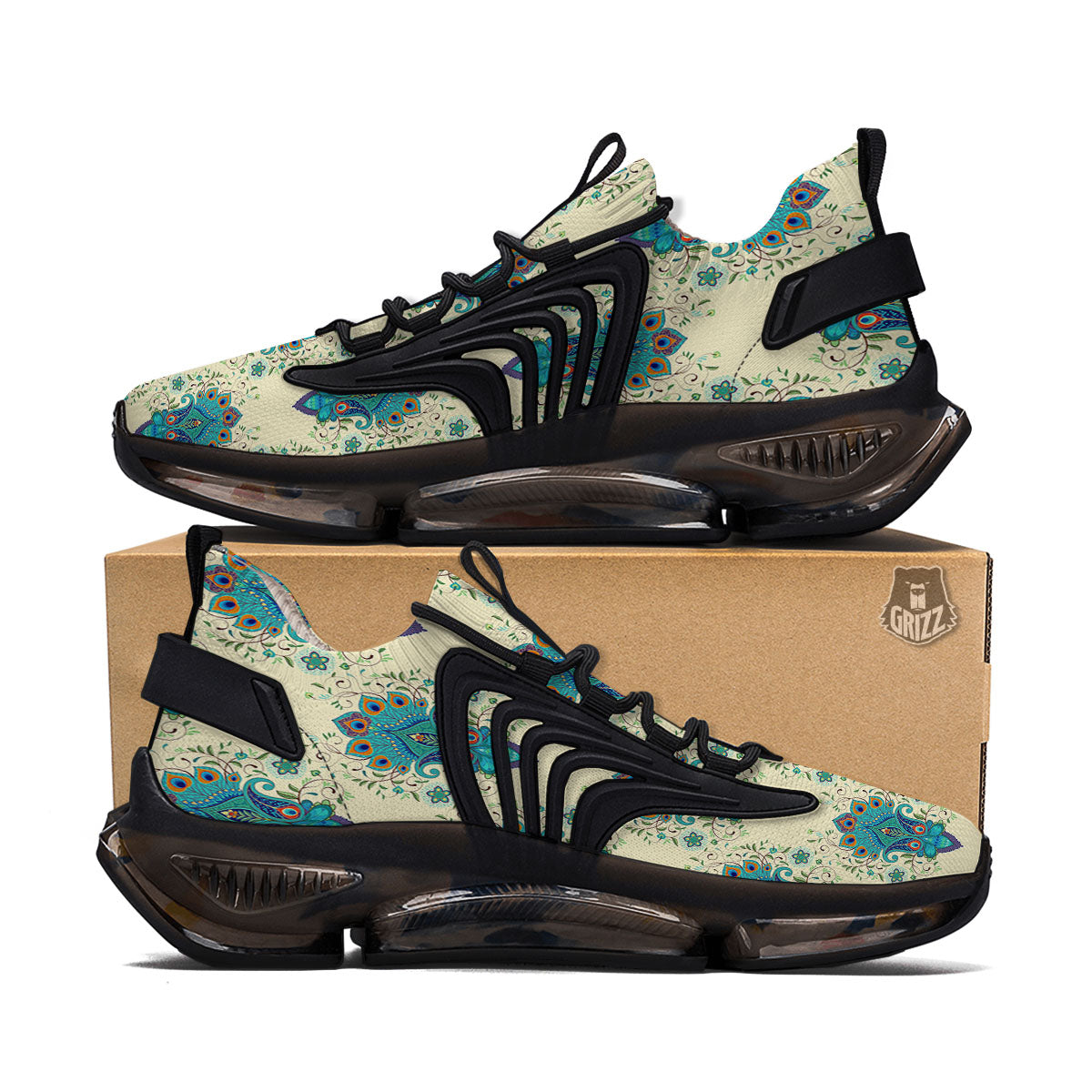 Peacock Feather Vintage Print Pattern Black Gym Shoes-grizzshop