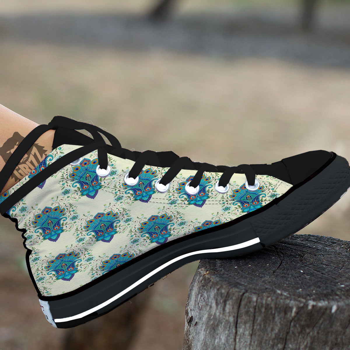Peacock Feather Vintage Print Pattern Black High Top Shoes-grizzshop