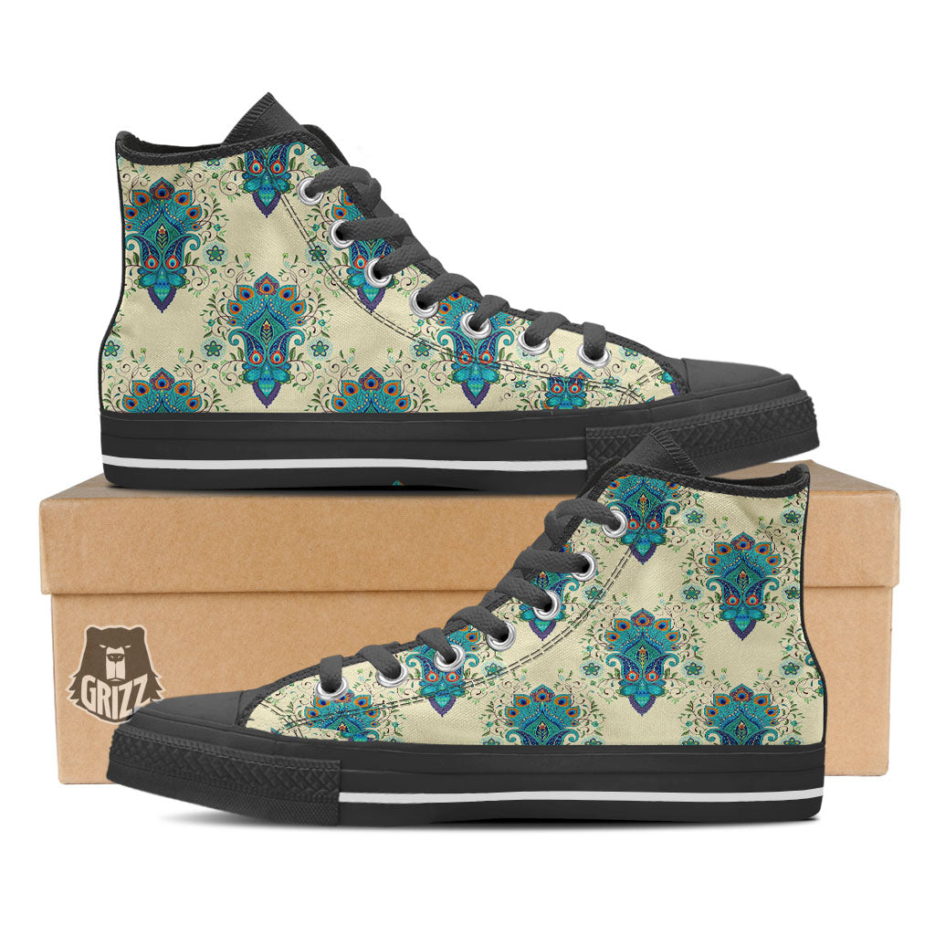 Peacock Feather Vintage Print Pattern Black High Top Shoes-grizzshop