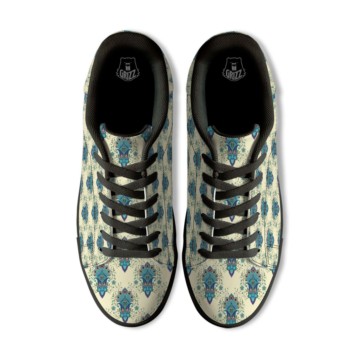 Peacock Feather Vintage Print Pattern Black Low Top Sneakers-grizzshop