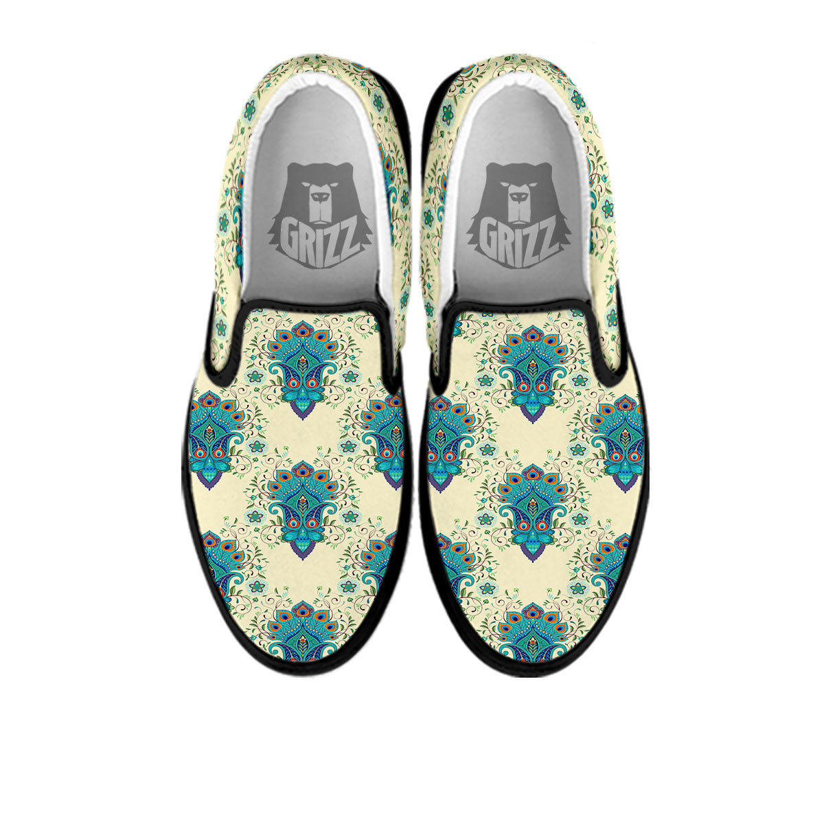Peacock Feather Vintage Print Pattern Black Slip On Shoes-grizzshop