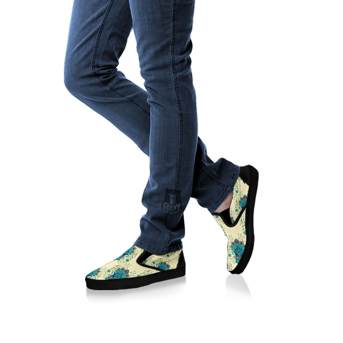 Peacock Feather Vintage Print Pattern Black Slip On Shoes-grizzshop