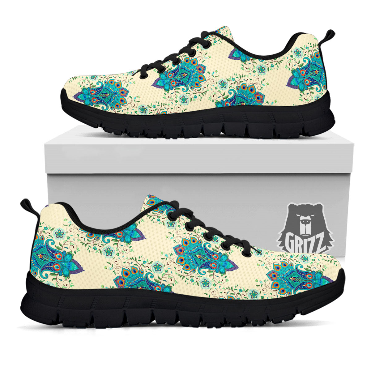 Peacock Feather Vintage Print Pattern Black Sneaker-grizzshop