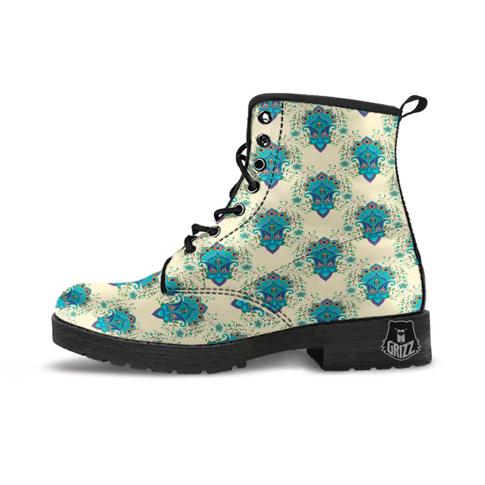 Peacock Feather Vintage Print Pattern Leather Boots-grizzshop