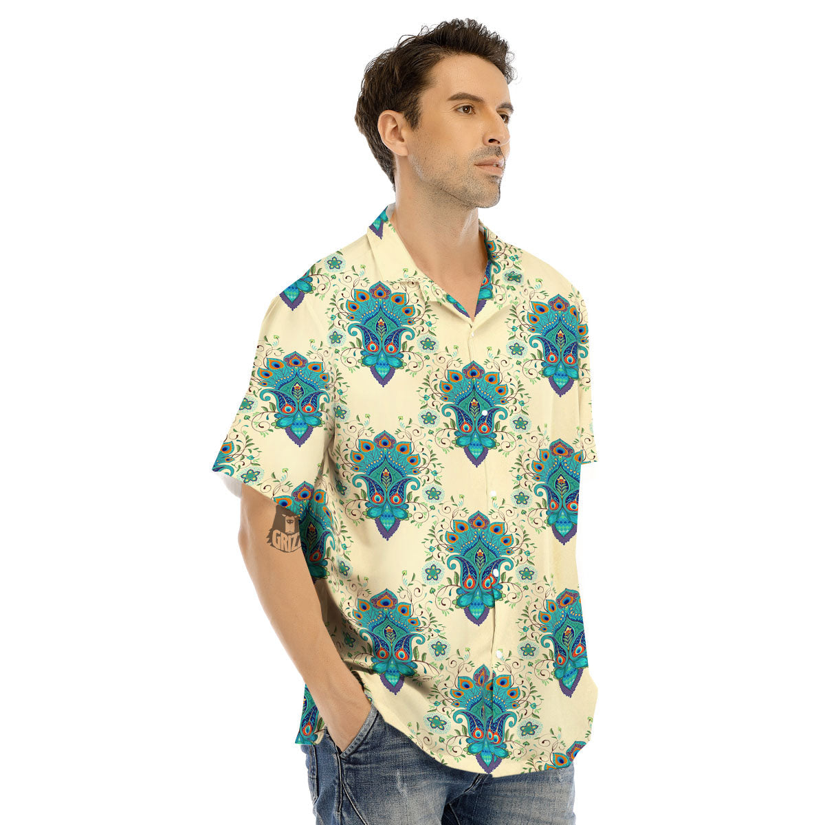Peacock Feather Vintage Print Pattern Men's Hawaiian Shirt-grizzshop
