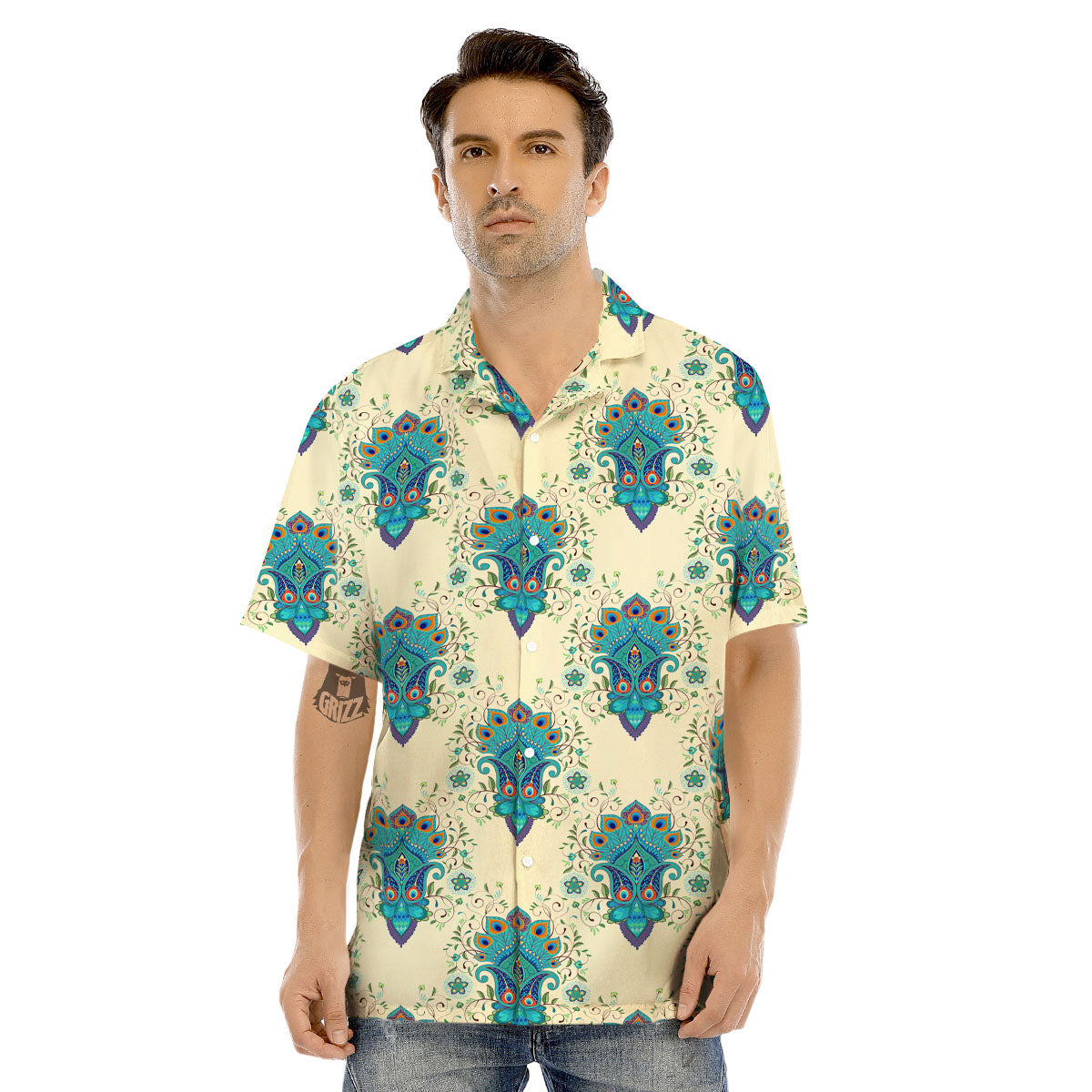 Peacock Feather Vintage Print Pattern Men's Hawaiian Shirt-grizzshop