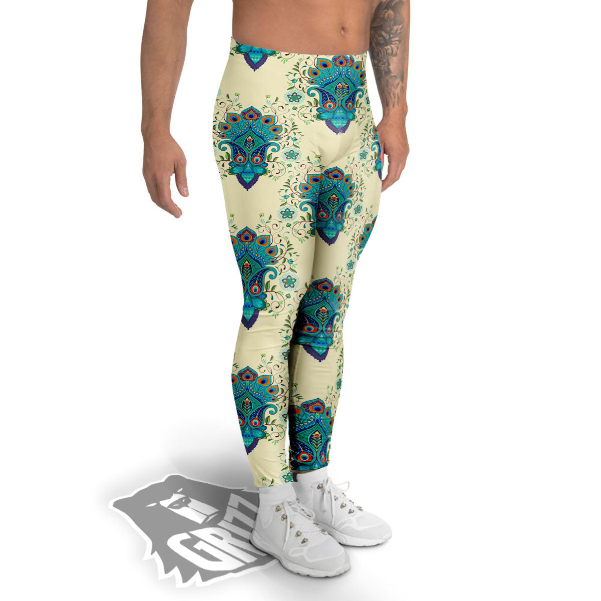 Peacock Feather Vintage Print Pattern Men's Leggings-grizzshop
