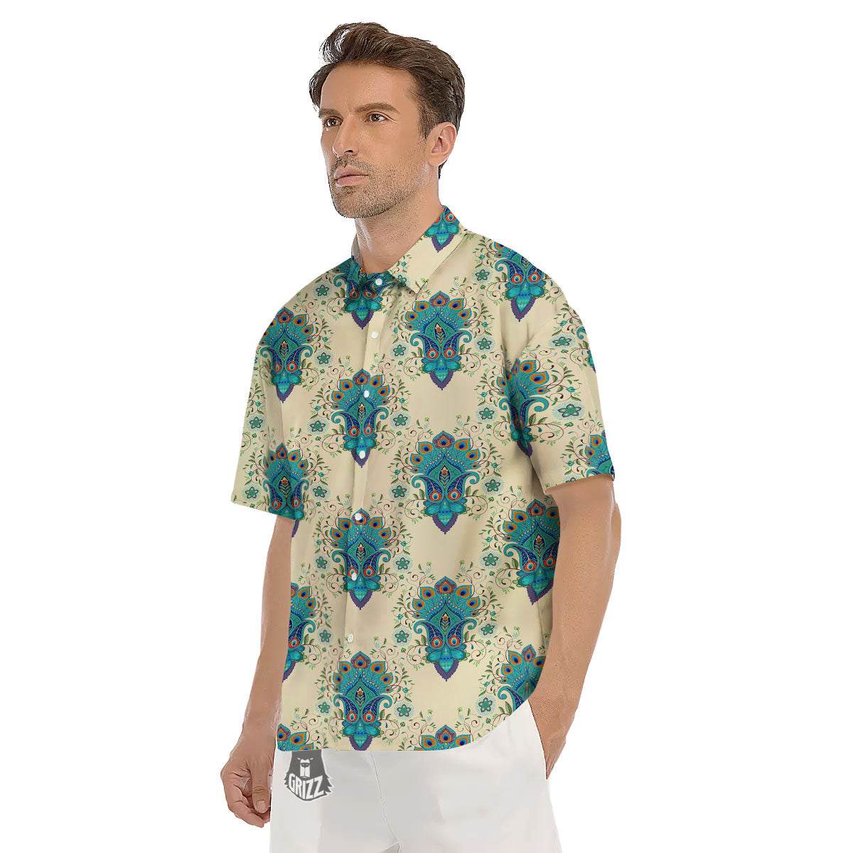 Peacock Feather Vintage Print Pattern Men's Short Sleeve Shirts-grizzshop