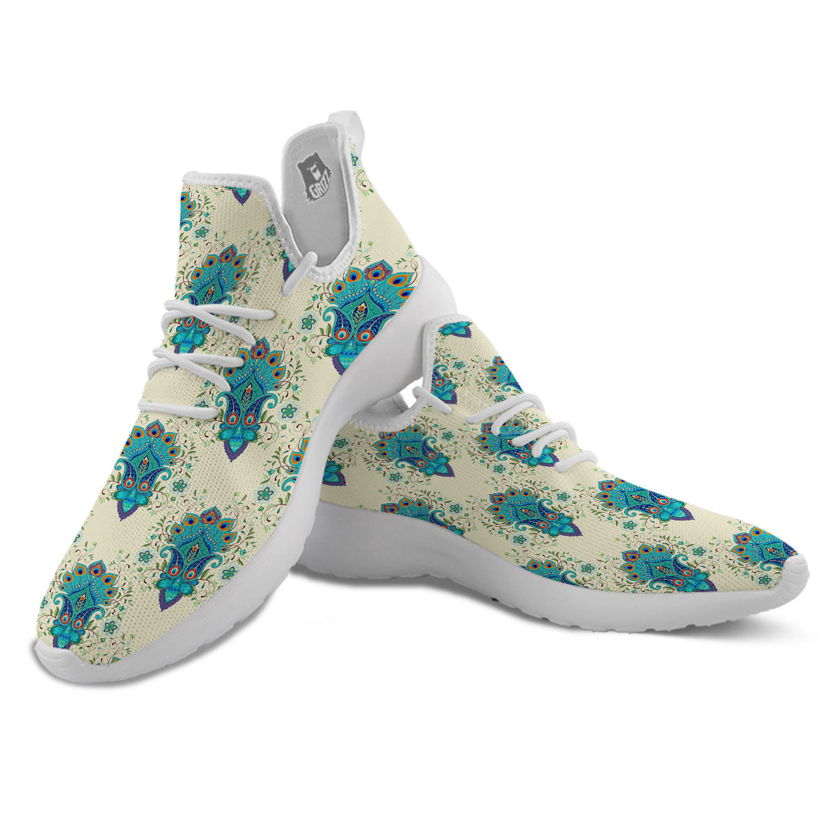 Peacock Feather Vintage Print Pattern White Athletic Shoes-grizzshop
