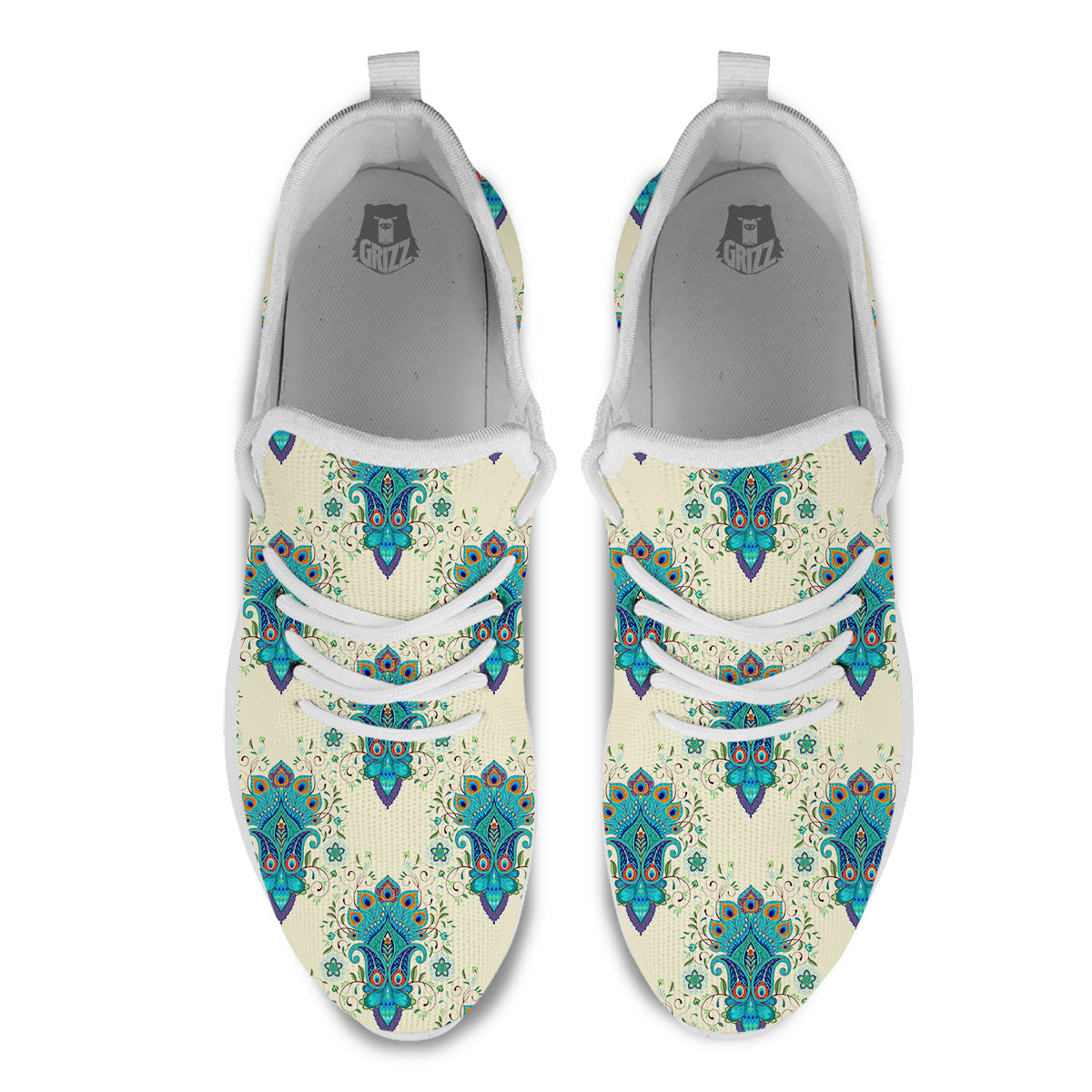 Peacock Feather Vintage Print Pattern White Athletic Shoes-grizzshop