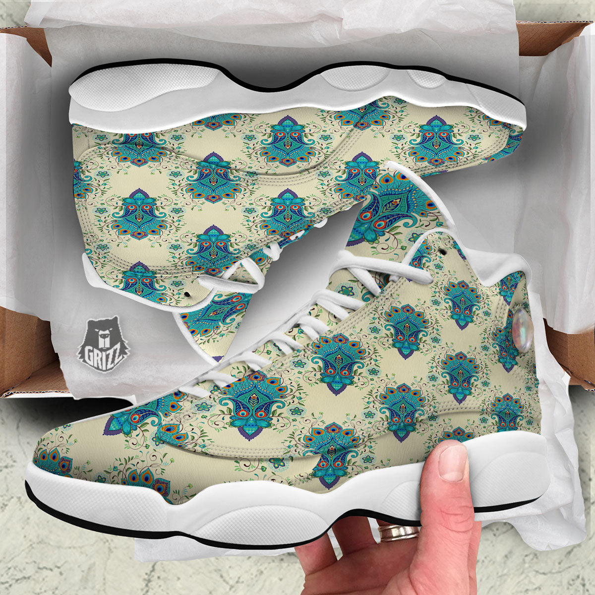 Peacock Feather Vintage Print Pattern White Basketball Shoes-grizzshop