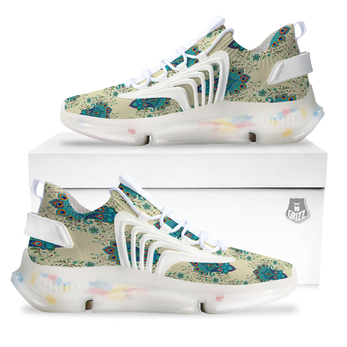 Peacock Feather Vintage Print Pattern White Gym Shoes-grizzshop