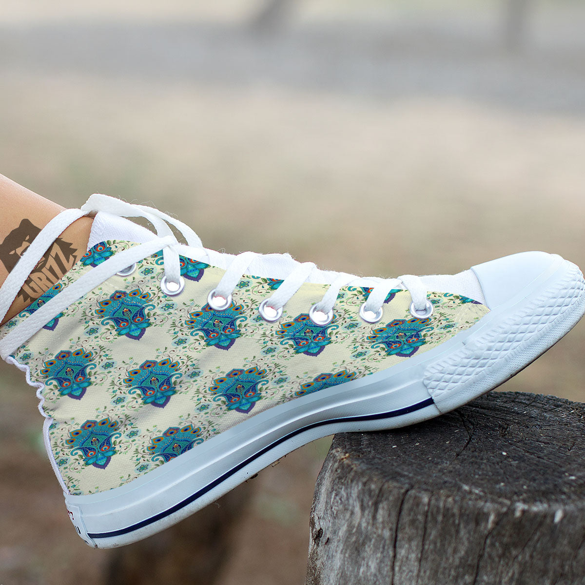 Peacock Feather Vintage Print Pattern White High Top Shoes-grizzshop