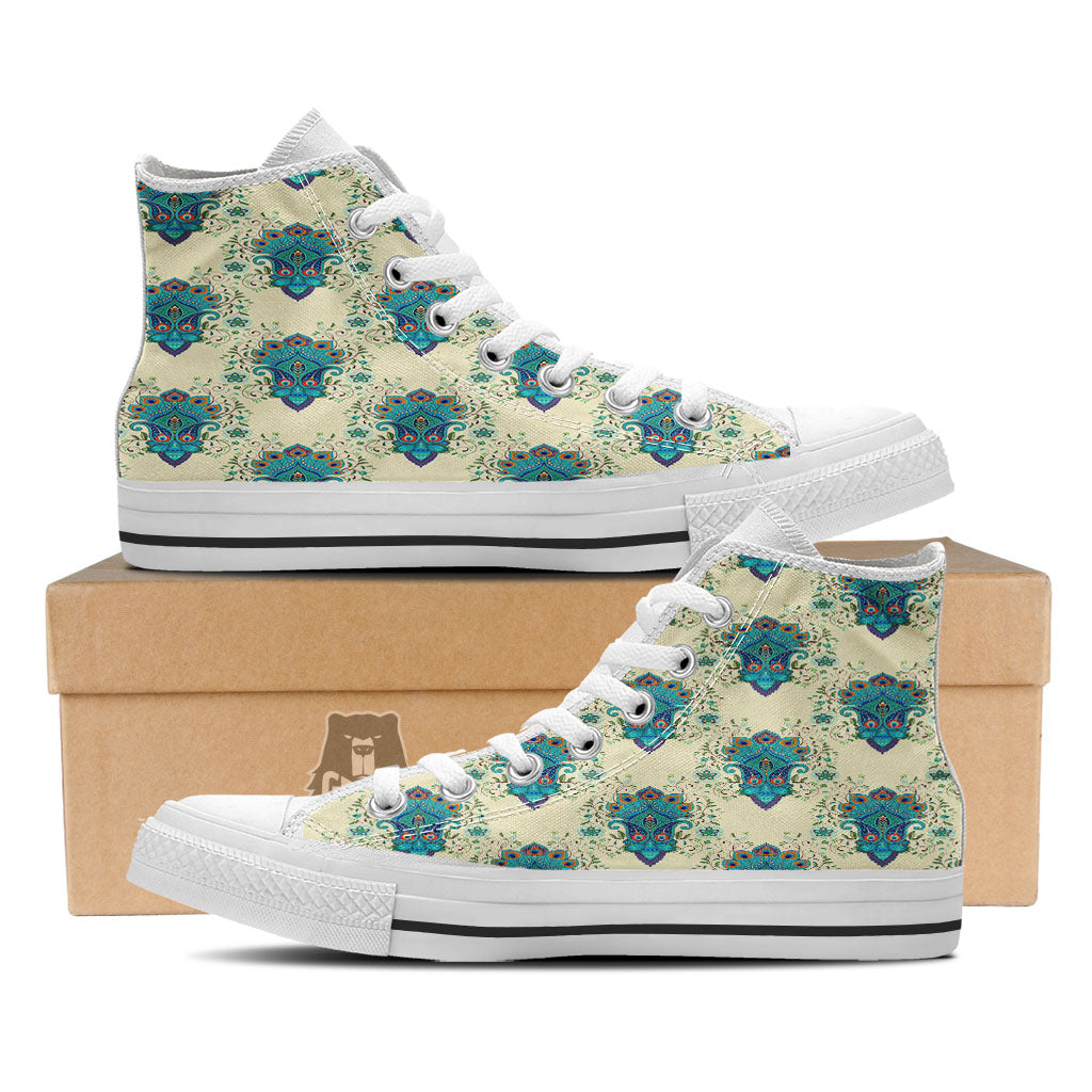 Peacock Feather Vintage Print Pattern White High Top Shoes-grizzshop